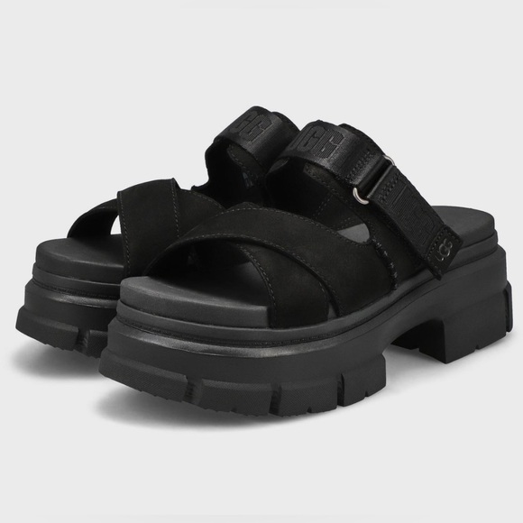 UGG Ashton Black Platform Slide Sandals Size 9 Women’s Chunky Criss Cross Strap - Picture 3 of 16